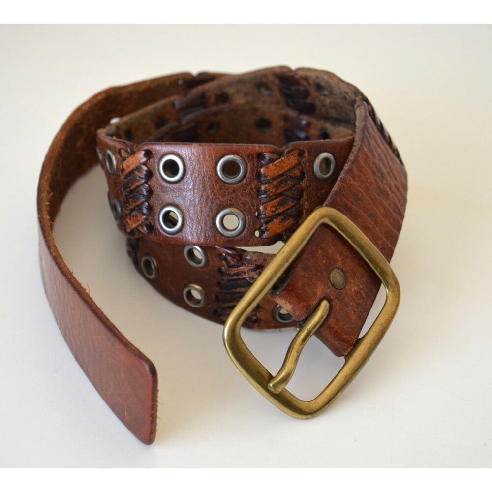 American Eagle Vtg Leather Belt  L Grommets Brass Buckle Sections Laced Together